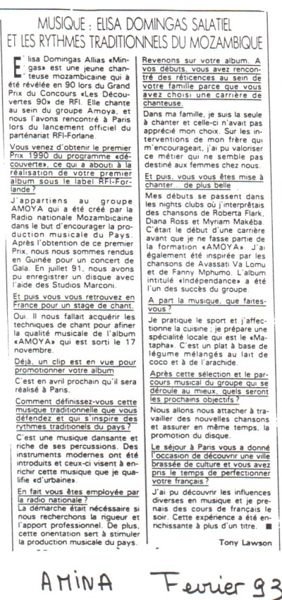 'Amina' (France) February 1993. Interview with Mingas