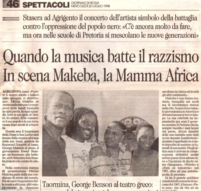 'Giornale di Sicilia' (Italy) July 22, 1998.  Mingas with Miriam Makeba in Sicily