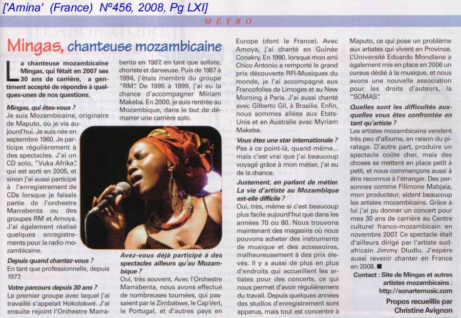 'Amina' (France) April 2008: Interview of Mingas by Christine Avignon