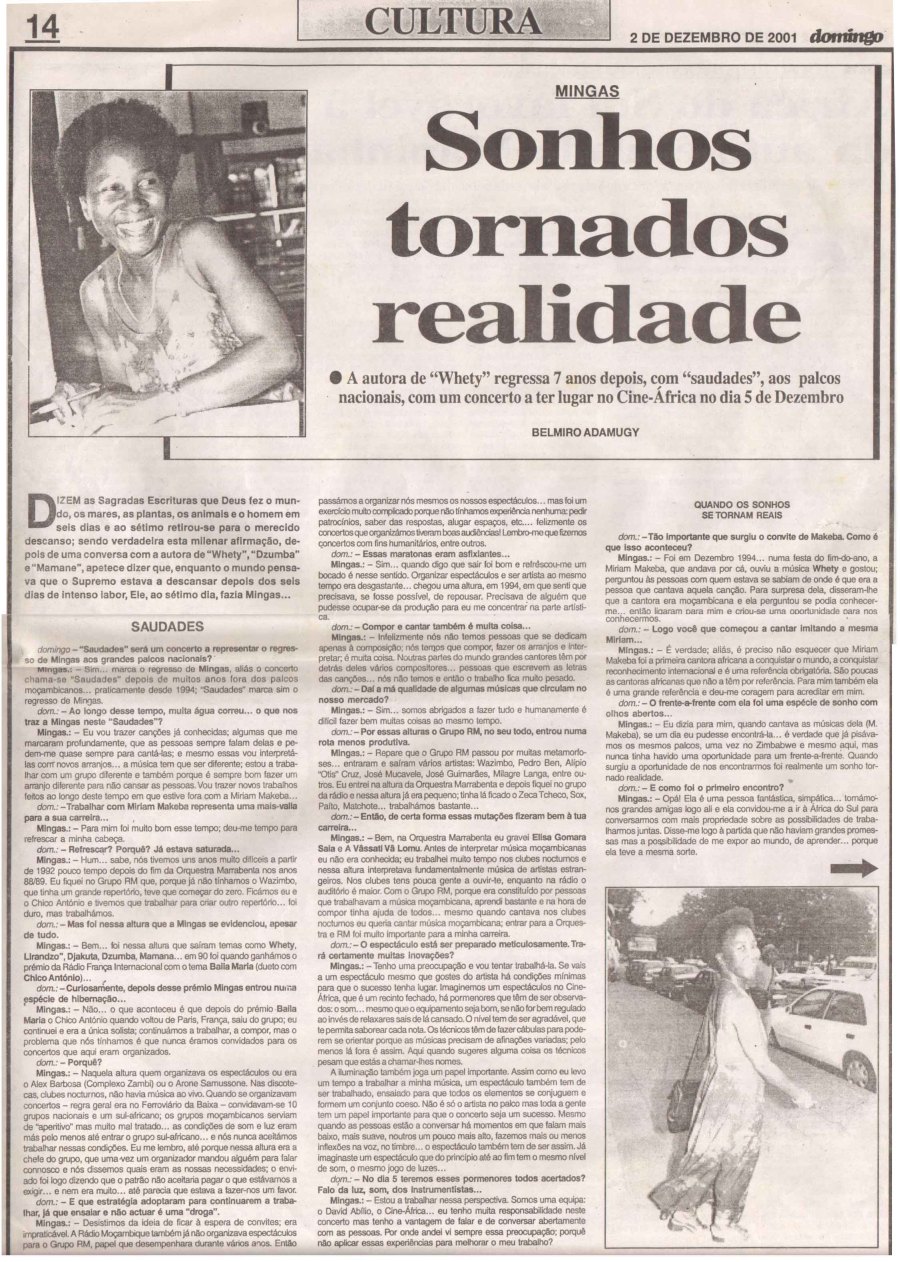 'Domingo' (News Weekly, Moçambique) December 2, 2001, Page 14.  First Page of feature interview with Mingas (Continued on one more page)