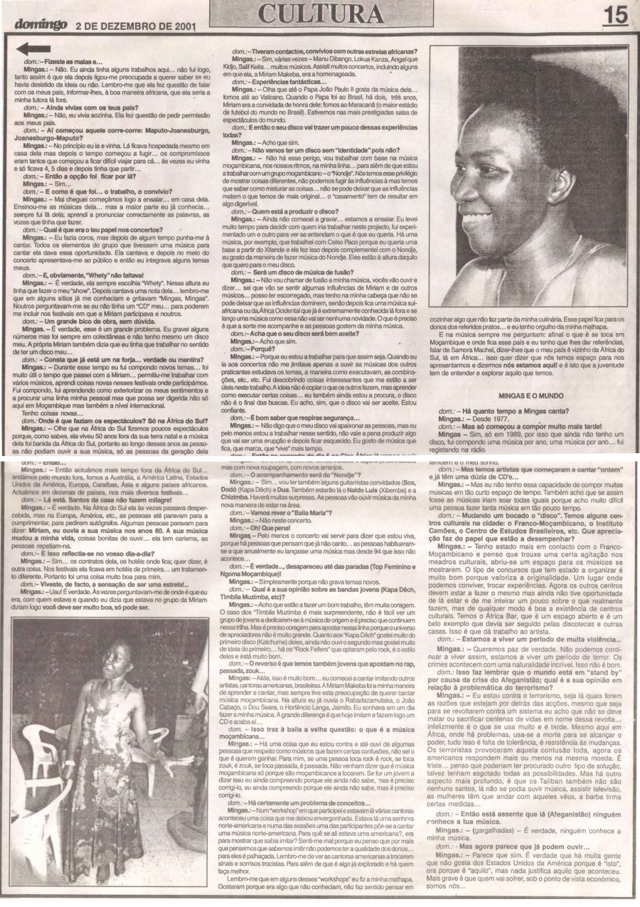 'Domingo' (News Weekly, Moçambique) December 2, 2001, Page 15.  Second page of feature interview with Mingas
