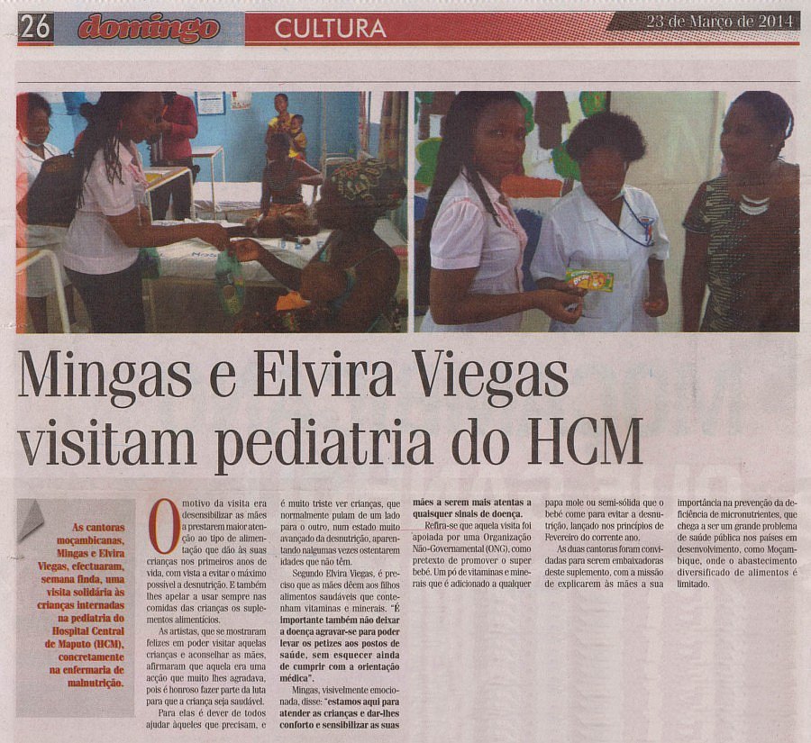 'Domingo Cultura', March 23, 2014, Page 26: Mingas and Elvira Viegas visiting the pediatric department at Hospital Central de Maputo