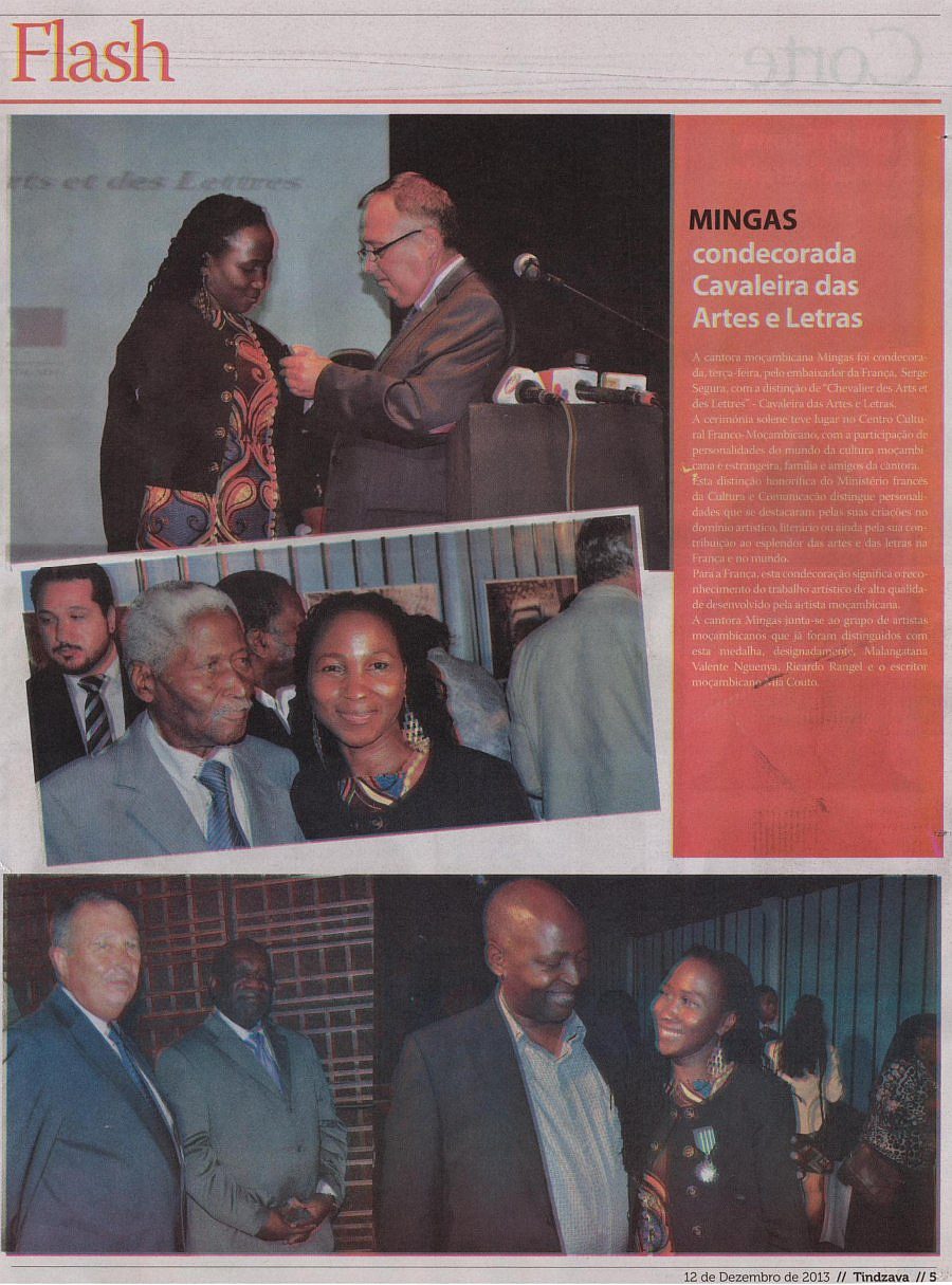O-Pais Tindzava December 12, 2013, Page 5 (2 of 2 pages); News article about Mingas receiving her insignia as 'Chevalier dans l'Ordre National des Arts et des Lettres'