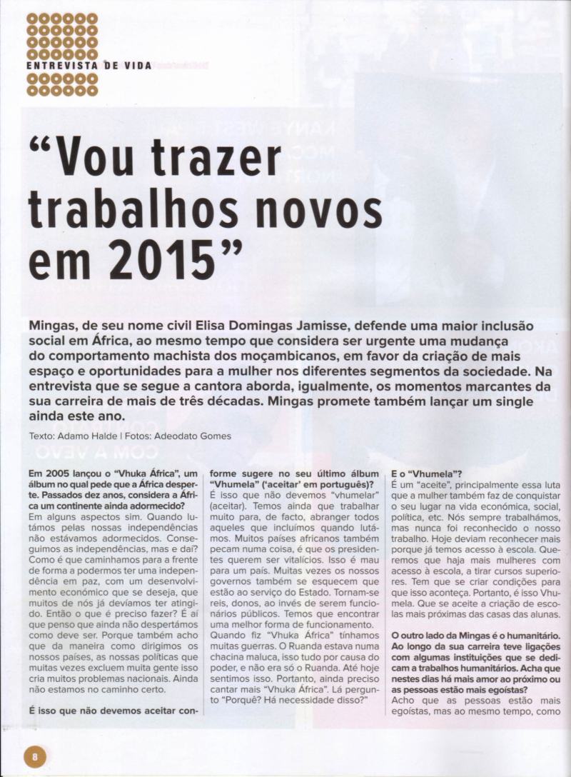 'Missanga' magazine, January 2015, Page 8 (no.2 of 9 pages): Cover article, Interview with Mingas