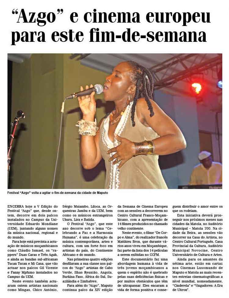 'Noticias', May 23, 2015, Front Page: Azgo Festival in Maputo, Mozambique, May 22, 2015