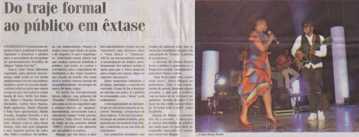 'Noticias', October 26 2016, Page 2 (mid segment): Review of Mingas concert 'Quem sou eu?' in Maputo on October 21