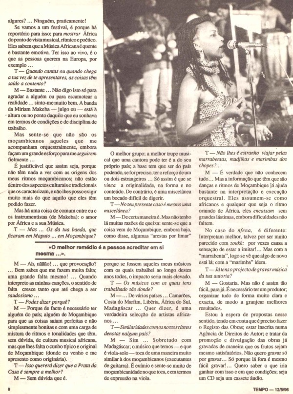 'Tempo' (Weekly news magazine, Mozambique), May 12, 1996. Cover Article about Mingas (Page 8)