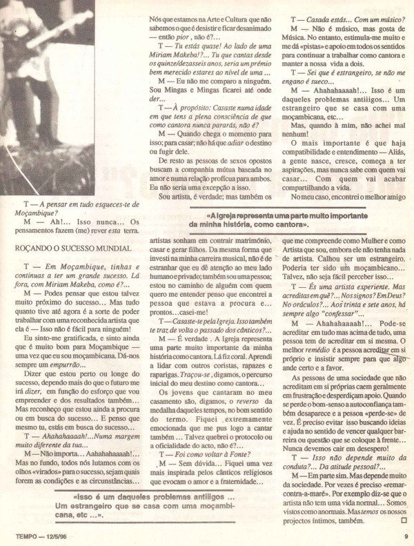 'Tempo' (Weekly news magazine, Mozambique), May 12, 1996. Cover Article about Mingas (Page 9)