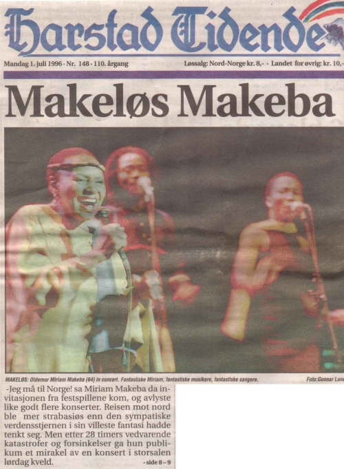 'Harstad Tidene' (Norway) July 1, 1996 - Front Page.  Mingas with Miriam Makeba in Harstad, Norway