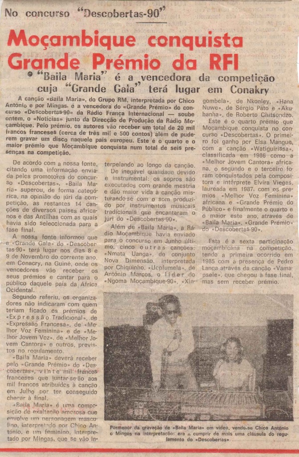 'Noticias' (News Daily, Moçambique) 1990.  Amoya awarded the Radio France International (RFI) 'Grand Prix du Concours, Les Decouvertes 90'