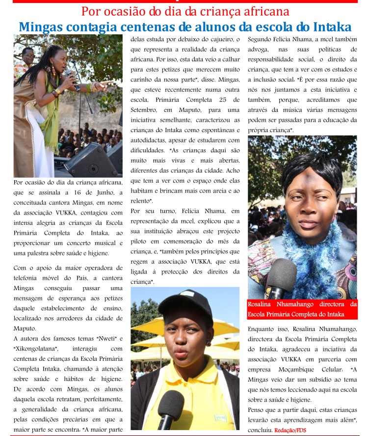'Esquente', June 17, 2013, Page 3: Mingas launching the organization 'Vukka' on Children's Day, June 1