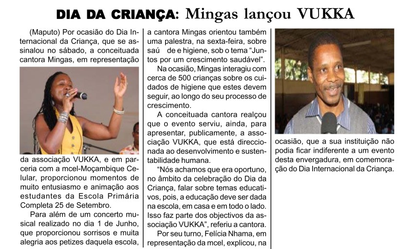 'Vertical', June 4, 2013, Page 4: Mingas launching the organization 'Vukka' on Children's Day, June 1