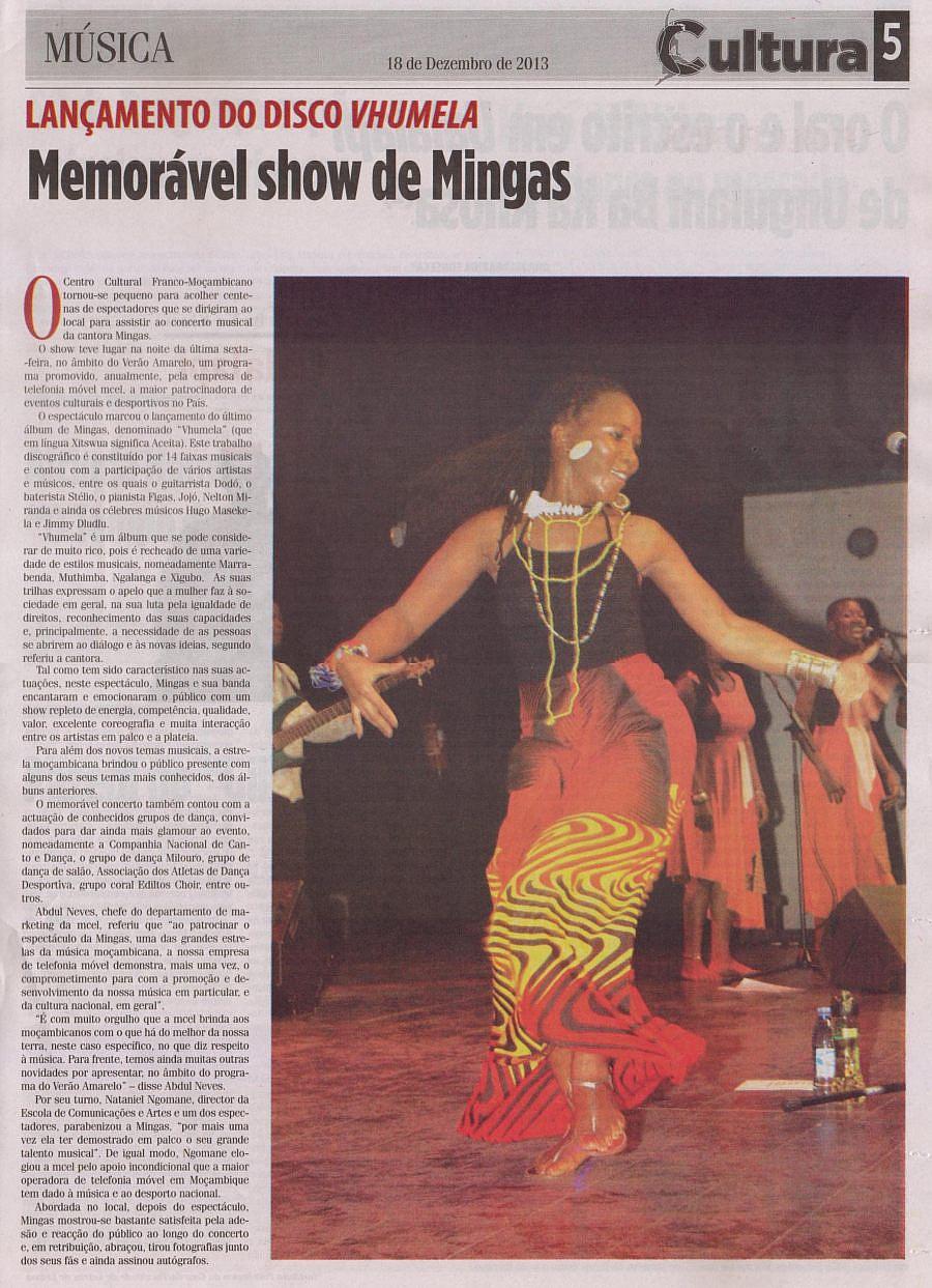 Noticias Cultura, December 18, Page 5 (no.2 of 2 pages): Review of Mingas' concert 'Vhumela' on December 13 at CCFM in Maputo