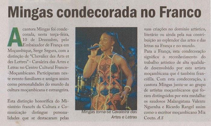 'Savana', December 13, 2013, Page 24: News item on Mingas receiving her insignia as 'Chevalier dans l'Ordre National des Arts et des Lettres'