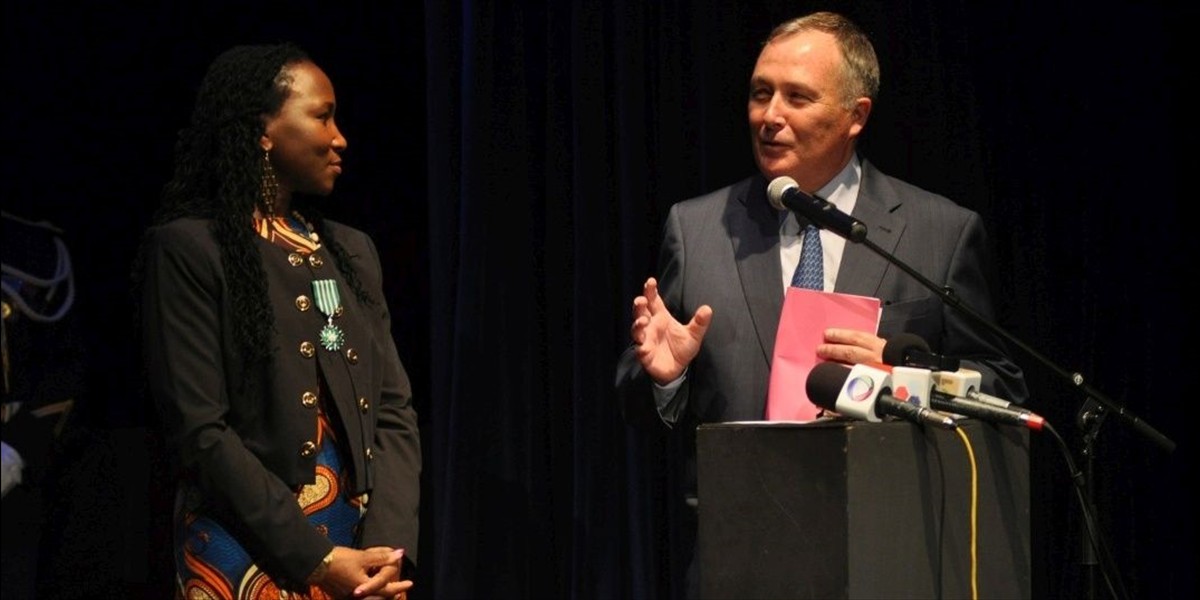 December, 2013:  Mingas receiving insignia as <i> 'Chevalier dans l'Ordre National des Arts et des Lettres'</i> (photo by ps)